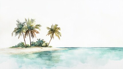 Fototapeta premium A minimalist watercolor island with a few palms and sandy textures surrounded by soft ocean hues, on white