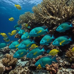 Highlight a school of parrotfish grazing on coral.