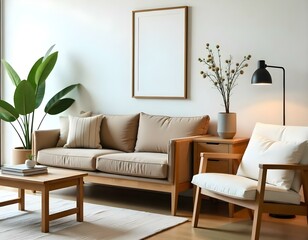 A modern living room with a wooden sideboard, framed artwork on the wall, and a potted plant. The room has a warm minimalist aesthetic with natural wood tones and neutral colors