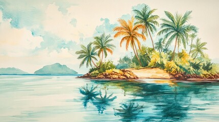 A peaceful watercolor painting of an island with vibrant palms and calm ocean waters, radiating tropical bliss, on white