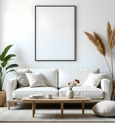 A minimalist living room with a large white sofa, a wooden coffee table, and a framed blank wall art.