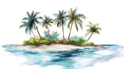 Fototapeta premium A picturesque island with a cluster of watercolor palm trees and gentle waves lapping the shore, isolated on white