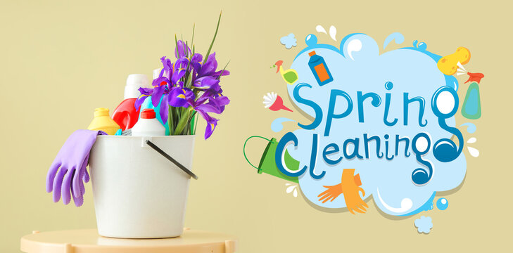 Set of cleaning supplies and spring flowers on color background