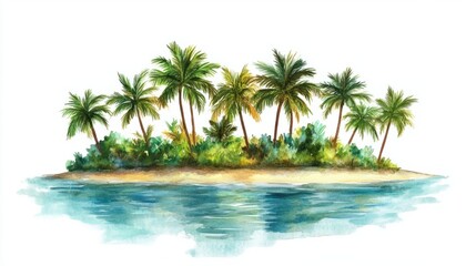 Fototapeta premium A picturesque watercolor island surrounded by calm waters, featuring vivid green palms and golden sands, isolated on white