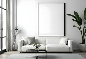 A modern living room with a large white sofa, a glass coffee table, and a potted plant. The room has a minimalist design with a large empty frame on the wall