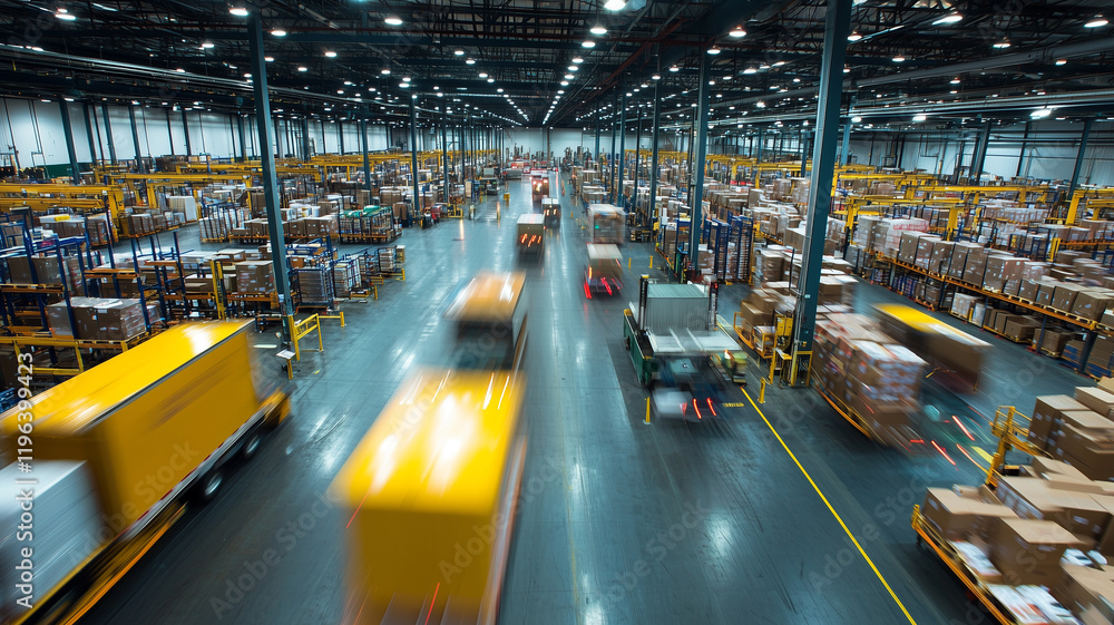 Poster bustling distribution center with trucks moving swiftly among rows of stacked packages and shelves, showcasing efficiency and scale of modern logistics operations