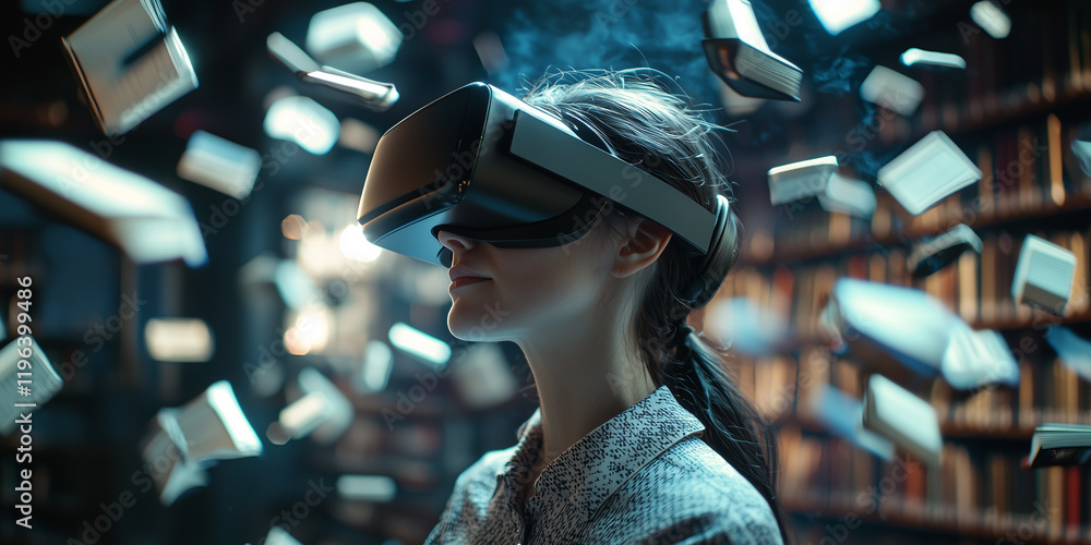 Poster woman wearing vr headset stands in glowing digital library, surrounded by floating books, creating f