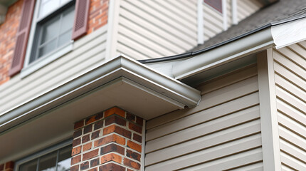 Close-up View of a House's Exterior: Brick, Vinyl Siding, and a Crisp New Gutter System. Modern Home Design and Real Estate Photography.