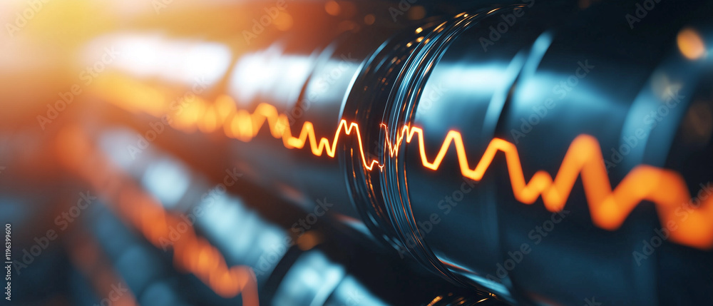 Poster abstract representation of oil barrels forming graph with glowing lines, symbolizing energy trends a