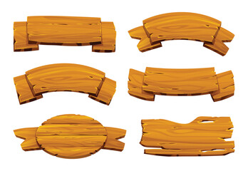 Set of wooden banners in various curved and rustic shape designs. Vector cartoon illustration