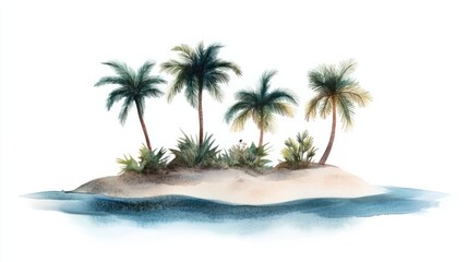 Fototapeta premium A small tropical oasis with watercolor palms and soft sand, set against a gradient blue sea, isolated on white