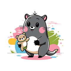 A cute, cartoonish animal with gray fur, round body, and pink cheeks, holding a small teddy bear.