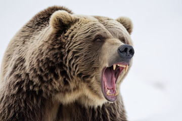 Grizzly bear roaring on a white background, highlighting its raw power