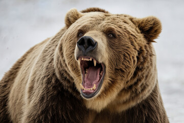 Obraz premium Grizzly bear roaring on a white background, highlighting its raw power