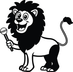 Cartoon lion holding a microphone vector design, cartoon lion holding a microphone silhouette vector art, cartoon lion holding a microphone line art vector illustration