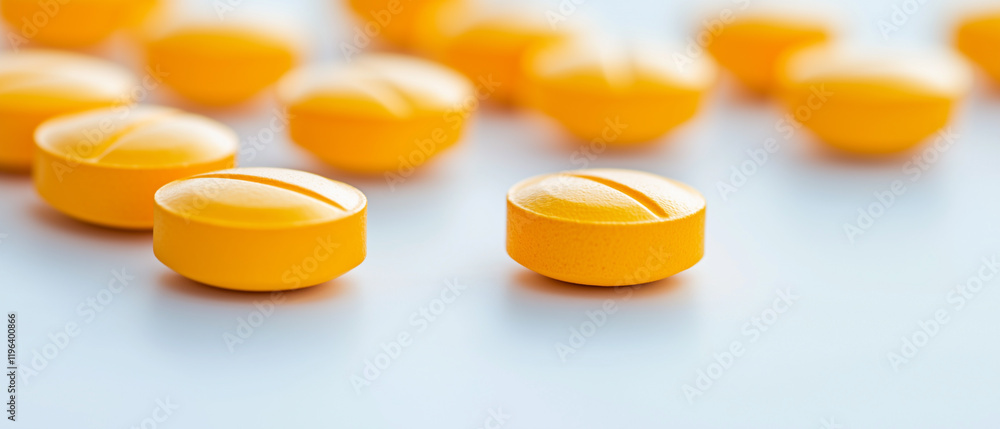 Poster close up of yellow tablets on smooth surface, highlighting their texture and color, suggesting focus