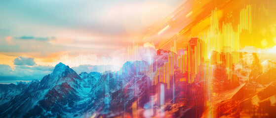 vibrant conceptual image blends mountain landscape with financial graphs, symbolizing dynamic relationship between nature and economic growth