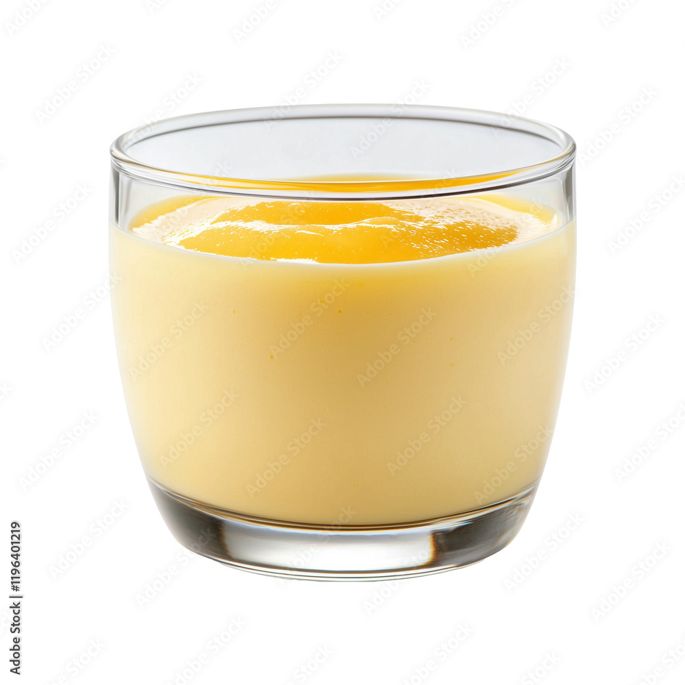 Poster glass cup filled with creamy yellow custard, isolated on transparency background, showcasing its smo