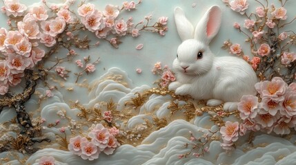 Serene cream artistry depiction of a snake and cherry blossoms, elegantly placed on a soft cream background, highlighting the beauty of the zodiac and the season.