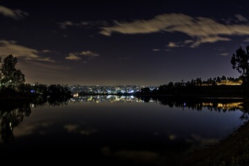Nightfall Serenity: Lake Reflection of City Lights