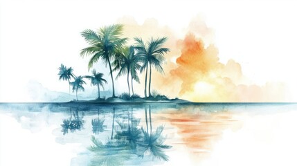Obraz premium A tropical island scene with watercolor palms and calm, reflective waters under a soft sunrise sky, isolated on white