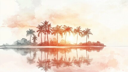 A tropical island scene with watercolor palms and calm, reflective waters under a soft sunrise sky, isolated on white