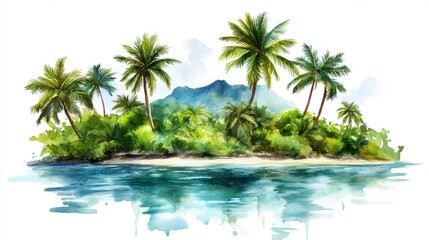 Obraz premium A tropical island with vibrant palm trees and a soft watercolor sea, painted in lush greens and blues, isolated on white