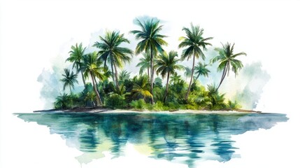 Fototapeta premium A tropical island with vibrant palm trees and a soft watercolor sea, painted in lush greens and blues, isolated on white
