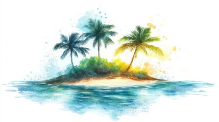Obraz premium A vibrant tropical island with a small cluster of watercolor palms surrounded by shimmering waves, isolated on white