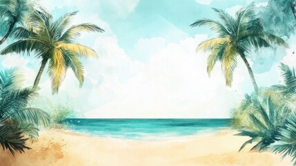Obraz premium A vibrant tropical watercolor scene with tall coconut palms, golden sands, and a peaceful blue ocean, on a clean background