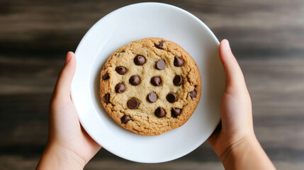 A huge freshly baked chocolate chip cookie displayed on a white plate held by a hand. Perfect for concepts related to desserts, homemade treats, and casual snacking.