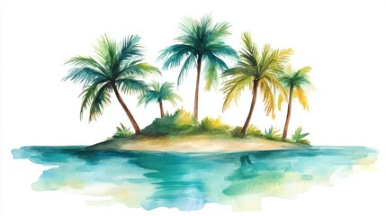 Obraz premium A vibrant watercolor island with leaning palm trees and rippling turquoise waters, showcasing a tropical vibe, isolated on white