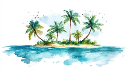 Fototapeta premium A vibrant watercolor island with leaning palm trees and rippling turquoise waters, showcasing a tropical vibe, isolated on white