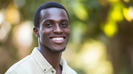 Obraz premium Young African American man smiling outdoors in natural light. Perfect for wellness programs, healthcare, and community engagement.