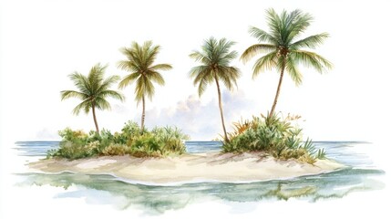 Fototapeta premium A watercolor illustration of an island with coconut palms, soft sand, and gentle waves, isolated on a clean background