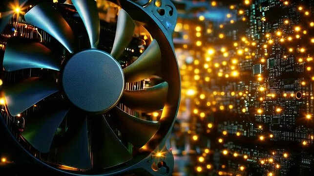 Close-up computer fan, circuit board background, technology concept, website header