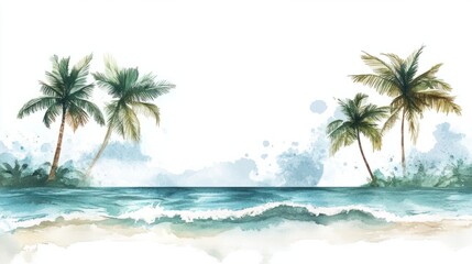 Fototapeta premium A watercolor tropical getaway featuring soft ocean waves and a few tall coconut palms, isolated on a clean white backdrop