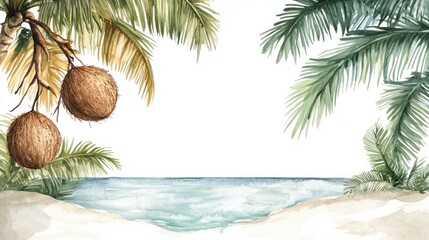 Obraz premium A watercolor tropical island scene with coconuts hanging from palms, soft sands, and a gradient sea, isolated on white