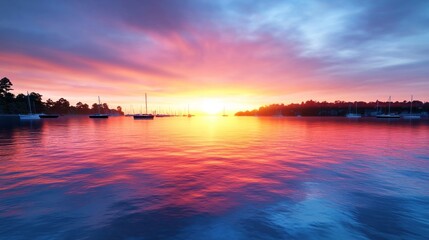 Serene sunset over calm waters with boats in the distance.