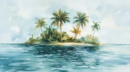 Fototapeta premium A watercolor tropical island with palms swaying in the breeze and soft, rippling waves, isolated on a clean background