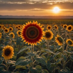 Fototapeta premium A lone red sunflower standing tall in a golden field during sunset.