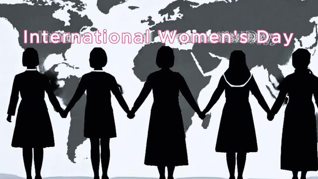 International women's day text a variety of female silhouettes standing sideways. Strong and brave girls of different nationalities support each other. Concept of equa silhouettes of people with globe