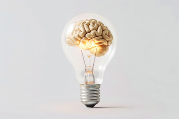Brain is inside a light bulb. The light bulb is glowing red. The brain is surrounded by a clear glass