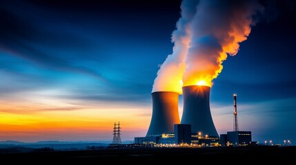 Majestic sunset over a nuclear power plant with steam rising and power lines in the foreground