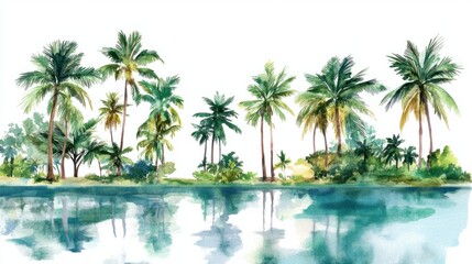 A watercolor tropical paradise with tall, vivid green palm trees and an idyllic lagoon, isolated on a white background