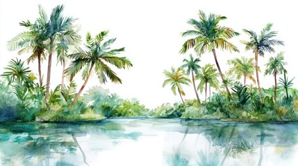Fototapeta premium A watercolor tropical paradise with tall, vivid green palm trees and an idyllic lagoon, isolated on a white background
