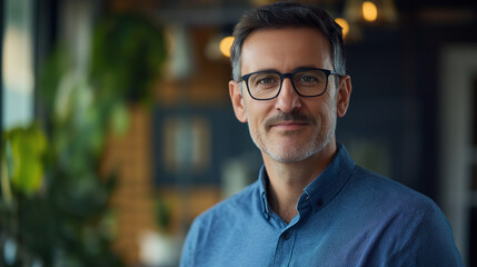 Professional man with glasses in business casual attire. Ideal for consulting services, tech leadership, and expert advice.