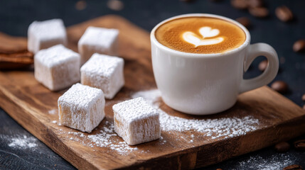 Latte coffee with a heart-shaped milk design accompanied by cubes of Turkish delights dusted in sugar, arranged on a rustic serving board, creating a cozy and indulgent setting.