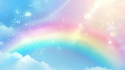 Vibrant rainbow on pastel gradient background with sparkling stars and glowing sparkles for a magical atmosphere