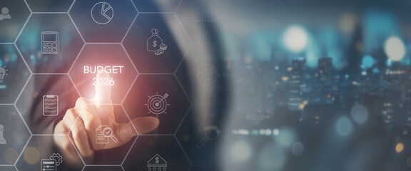 2026 Budget planning and financial management concept. Touching screen for budget planning and...